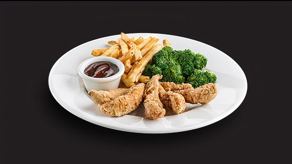 Chicken Strips · Hand-breaded chicken strips with seasoned french fries and coleslaw. Served with honey mustard dressing, barbecue sauce, or ranch dressing.