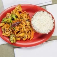 Szechuan Chicken · Sauteed in spicy brown sauce with Szechuan hot pepper, broccoli, mushroom, baby corn, and ca...