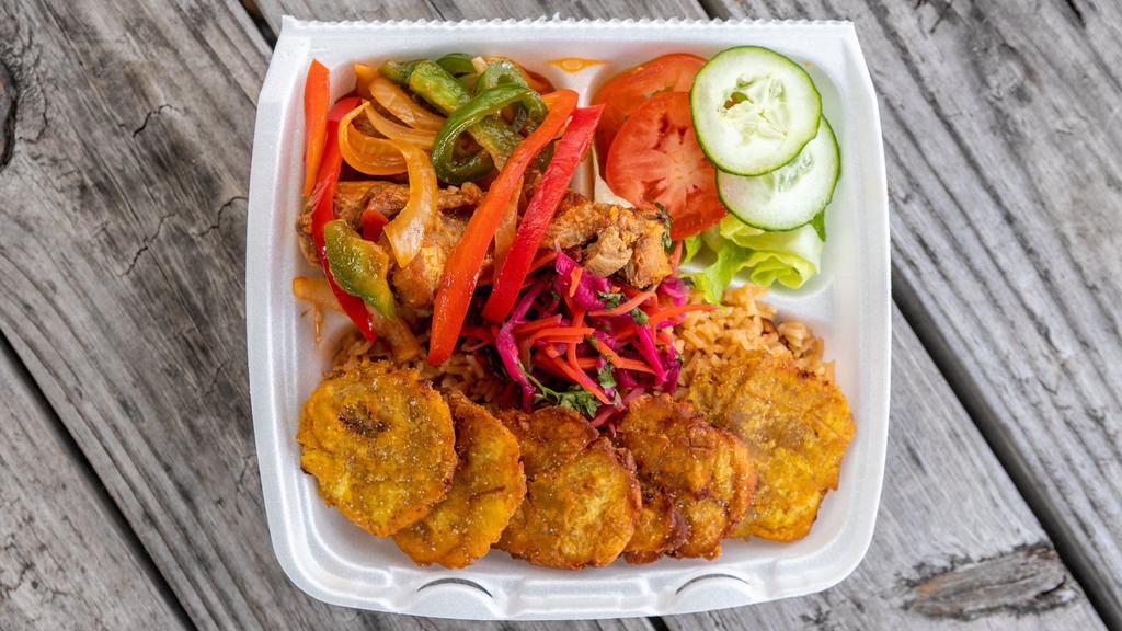 Stewed Chicken Combo · Stewed chicken.served with rice of the day, fried plantains, garden salad, and pikliz