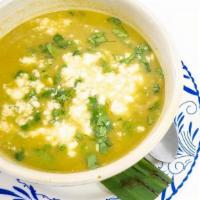 Pozole Verde · mexico city-style green tomatillo chicken soup with hominy, cilantro, poblano peppers, queso...
