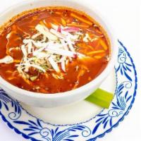 Pozole Rojo · traditional pre-hispanic soup with pork, red guajillo broth, hominy, green cabbage, red radi...