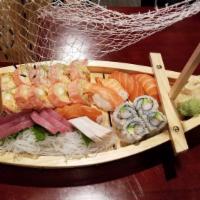 Love Bat (For 2) · 16 pieces sashimi and six pieces sushi and California roll, salmon roll, titanic roll.