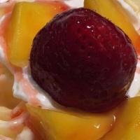 Mango Tango · Base: vanilla ice cream with mango. Topping: strawberry, fresh mango fruit, strawberry pocky...