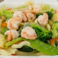 Shrimp With Mixed Vegetables · Fresh shrimp cooked with mixed Chinese veg. in white sauce.