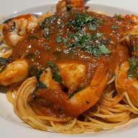 Shrimp Fra Diavolo · Shrimp over angel hair pasta and chili peppers, in our spicy marinara sauce.
