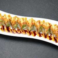 Temptation Roll · Shrimp tempura, cream cheese, avocado wrapped by soy paper with spicy crabmeat, eel sauce, a...