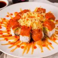 Fire Roll · Fried shrimp, crabmeat, avocado topped with spicy tuna, tempura flakes eel sauce, spicy mayo...