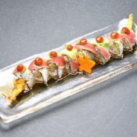 Hot Geisha Roll · Fried shrimp, cream cheese, crab meat, avocado topped with peper tuna, ponzu, serrano and sr...