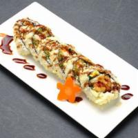 Salmon Tempura Roll · Fried salmon, cucumber, avocado, crabmeat with eel sauce and tempura flakes on top