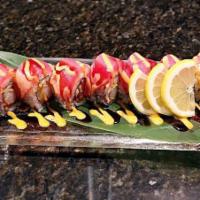 Ex-Girlfriend Roll · Shrimp tempura, spicy tuna, cucumber with fresh tuna, eel sauce, and spicy mayo on top