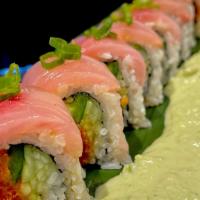Julie'S Pick Roll · Spicy tuna, cucumber, jalapeno, topped w/ yellowtail, green onion served w/ eel sauce, jalap...