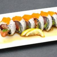 Sashimi Roll · Tuna,salmon,yellowtail,avocado with smelt roe, japanese mustard sauce on top
