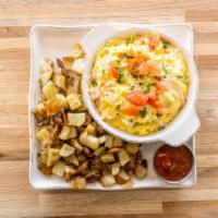 Colorado Jack Scramble · Eggs scrambled with smoked ham, green peppers, house-roasted tomatoes and onions. Topped wit...