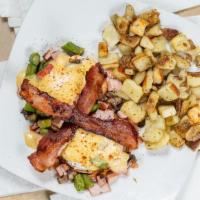 Hiker'S Benedict · Two poached eggs with smoked ham, asparagus, house-roasted cremini  mushrooms and tomatoes a...