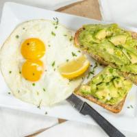 Avocado Toast · Our thick-cut, whole-grain toast topped with fresh smashed avocado, Extra Virgin Olive Oil, ...