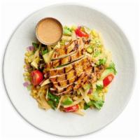 Grilled Chicken Salad · Marianted Chicken, Jack and Cheddar Cheese, Chopped Bacon and Roma Tomatoes on top of a bed ...