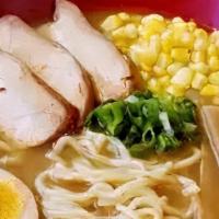 Chicken Ramen · Pork bone soup, shoyu based with chicken breast, ajitama egg, menma, corn, scallion and nori.