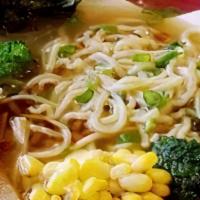 Veggie Ramen · Vegetarian Soup, Shoyu Based, Fried Tofu, Broccoli, Enoki mushroom, Menma,  Corn, Scallion a...
