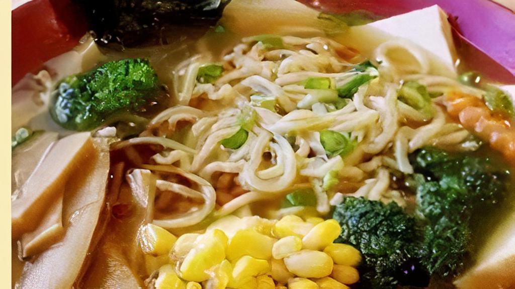 Veggie Ramen · Vegetarian Soup, Shoyu Based, Fried Tofu, Broccoli, Enoki mushroom, Menma,  Corn, Scallion and Nori