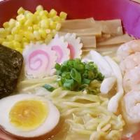 Seafood Ramen · Seafood soup, miso based, with shrimp, squid, fish cake, ajitama egg, menma, corn, scallion ...