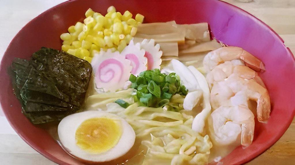 Seafood Ramen · Seafood soup, miso based, with shrimp, squid, fish cake, ajitama egg, menma, corn, scallion and nori.
