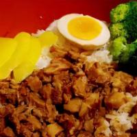 Braised Pork Rice Bowl · Rice with Braised Pork, Fried Egg, and Broccoli.