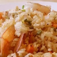 Shrimp Fried Rice · Fried Rice with Shrimp, Carrots, Onion, Green Onion and Egg.
