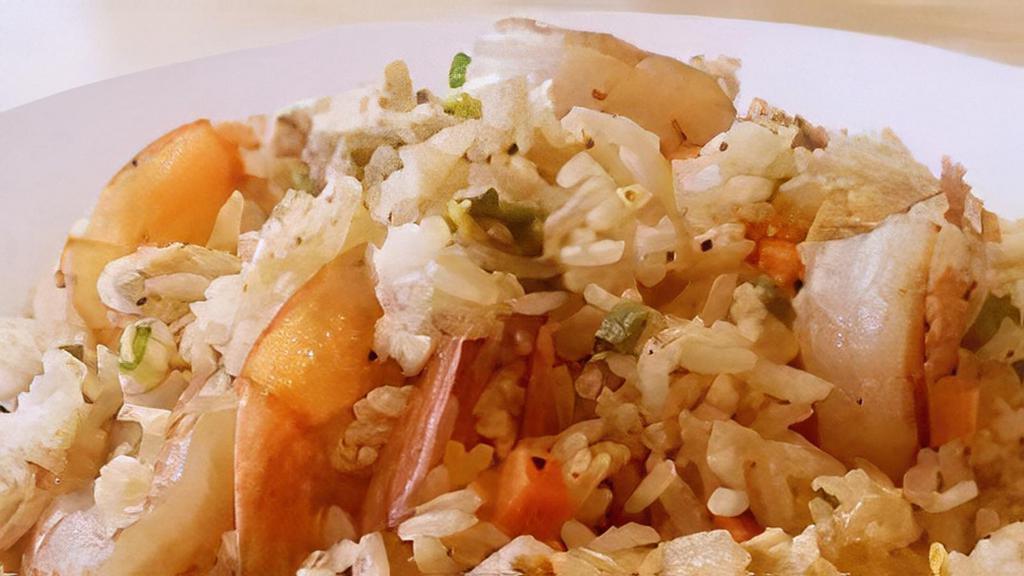 Shrimp Fried Rice · Fried Rice with Shrimp, Carrots, Onion, Green Onion and Egg.