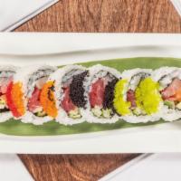 Sashimi Roll · Seaweed. Inside tuna, salmon, yellowtail, cucumbers, and avocado. Topped with flying fish roe.