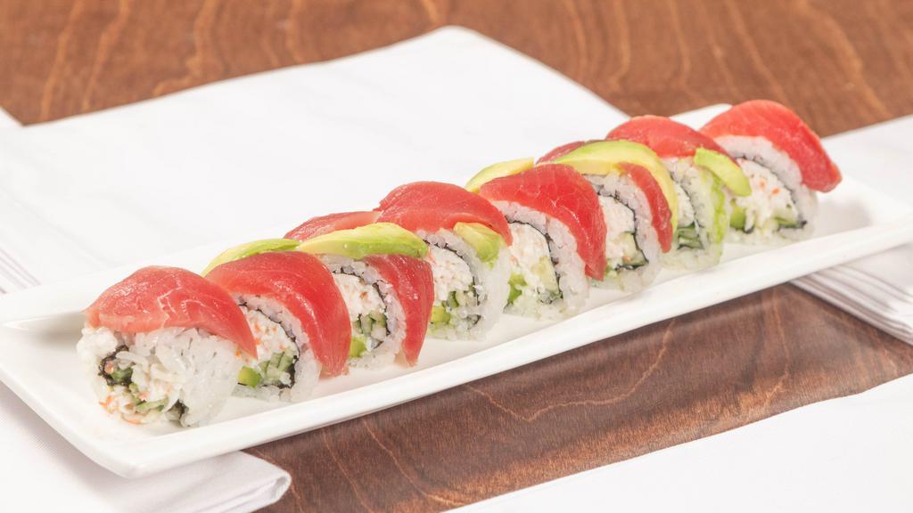 Hawaiian Roll · Seaweed. Inside crab meat, avocado, and cucumber. Topped with fresh tuna and avocado.