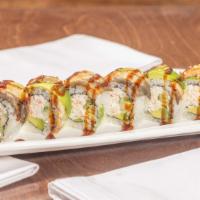 Dancing Eel Roll · Seaweed. Inside crab meat, avocado, and cucumber. Topped with baked eel and avocado. Comes w...
