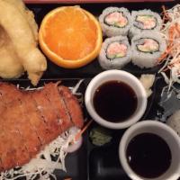 Katsu Bento Box · Pork katsu served with miso soup, salad, steamed rice, four pcs California roll, shrimp, veg...