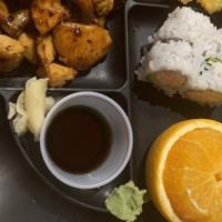 Chicken Teriyaki Bento Box · Served with miso soup, salad, steamed rice, four pieces California roll, shrimp, veggie temp...