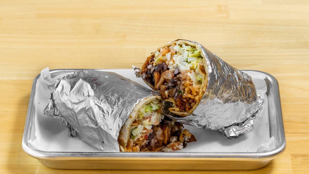 Pastor Burrito · Tortilla filled with lettuce, rice, beans, pico de gallo, cheese, sour cream and meat of your choice.