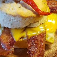 Yankee Doodle · Local eggs, thick-cut bacon, American cheese, on original style biscuit