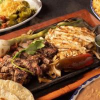 1 Lb Combo Fajitas · Our Black Angus Beef and Grilled Chicken Fajitas. Served with homemade tortillas, Mexican Ri...