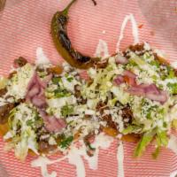 Princess Sopes (1) · (1) Sope. Choice of meat. Grilled onions, cilantros. Lettuce. Crema mexicana. Queso fresco. ...