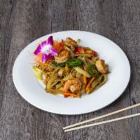 Crazy Noodle · Stir-fried flat noodles with eggs, carrots, jalapeños and red bell peppers seasoned with spi...