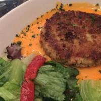Crab Cake · With roasted red bell pepper cream sauce.