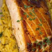 Deep Sea Salmon · Grilled salmon with two sides.