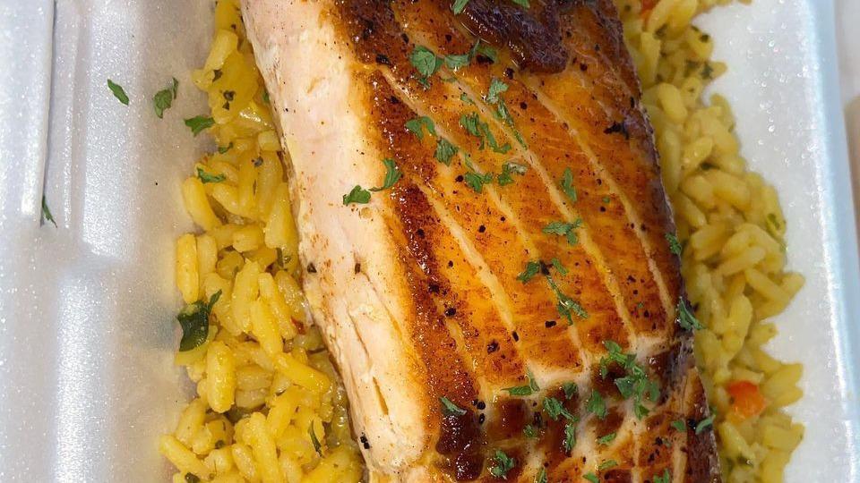 Deep Sea Salmon · Grilled salmon with two sides.