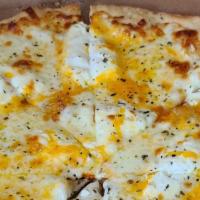 Four Cheese - Quattro Formaggi - Cuatro Quesos · 3 Toppings: Olive Oil, Ricotta Cheese, Mozzarella, Shredded Parmesan, Cheddar, & touch of he...