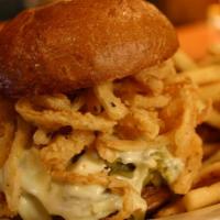 Hatch Green Chile · Fire Roasted Hatch Green Chiles, Pepperjack, Onion Strings.