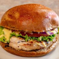 Papou'S Grilled Chicken · Marinated Chicken, Lettuce, Tomato, Red Onion, Honey Mustard.
