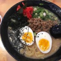 Spicy Soy Ramen · Spicy hot. Braised ground pork, chili oil, soy milk, soft boiled egg, green onion, wakame, g...