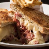 Wallstreeter Sandwich · Hot Pastrami with Melted Swiss and Russian dressing. Presented on a Garlic toasted Pumpernic...
