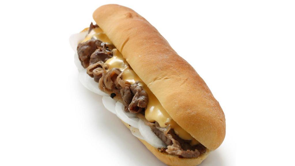 Cheesesteak Sub · Steamed Hoagie Garnished with Grilled Roast
Beef, Peppers and Onions, American and
Mozzarella cheese, Mayo, Lettuce, Tomato,
Red Onion, and Italian dressing.