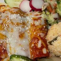 Fajita Enchiladas (3) · Handmade tortillas stuffed with carne asada steak, rolled, and topped with our special recip...