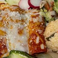 Chicken Enchiladas (3) · Handmade tortillas stuffed with grilled chicken, rolled, and topped with our special recipe ...
