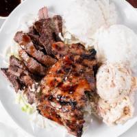 Teri Mix · Regular Teri Mix - teriyaki steak and teriyaki chicken served on a bed of cabbage with 2 sco...